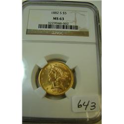 1882S $5.00 Liberty Gold Coin NGC MS63