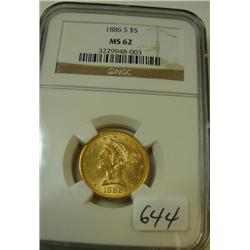 1886 $5.00 Liberty Gold Coin NGC MS62