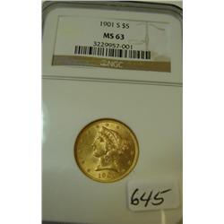 1901-S $5.00 Liberty Gold Coin NGC MS63