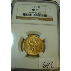 1906-D $5.00 Liberty Gold Coin NGC MS63