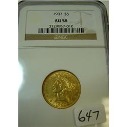 1907 $5.00 Liberty Gold Coin NGC AU 58