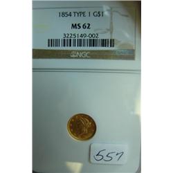 1854 Type I $1.00 Liberty $1.00 Gold Coin NGC MS 62