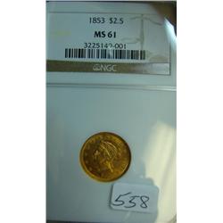 1853 $2.50 Liberty Gold Coin NGC MS 61