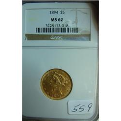 1894 $5.00 Liberty Gold Coin NGC MS 62