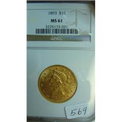 1893 $10.00 Liberty Gold Coin NGC MS 61