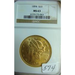 1894 $20.00 Liberty Gold Coin NGC MS 63