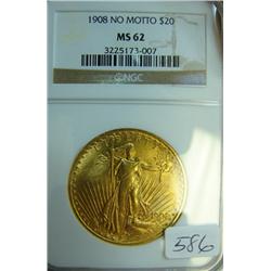 1908 No Motto $20.00 St. Gaudens Gold Coin NGC MS 62
