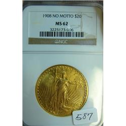 1908 No Motto $20.00 St. Gaudens Gold Coin NGC MS 62