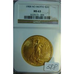 1908 No Motto $20.00 St. Gaudens Gold Coin NGC MS 63