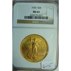 1924 $20.00 St. Gaudens Gold Coin NGC MS 63
