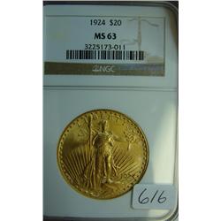 1924 $20.00 St. Gaudens Gold Coin NGC MS 63
