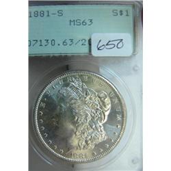 1881-S Morgan Silver Dollar PCGS MS 63