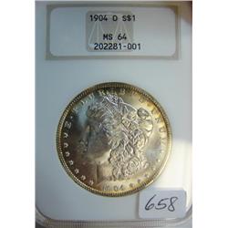 1904-O Morgan Silver Dollar NGC MS 64 Gold Toning