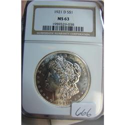 1921-D Morgan Silver Dollar NGC MS 63