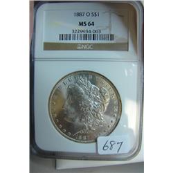 1887 O Morgan Silver Dollar NGC MS 64