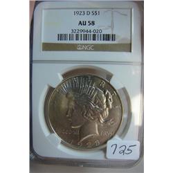 1923 D Peace Silver Dollar NGC AU 58