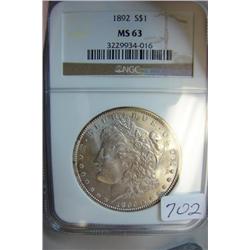 1892 Morgan Silver Dollar NGC MS 63