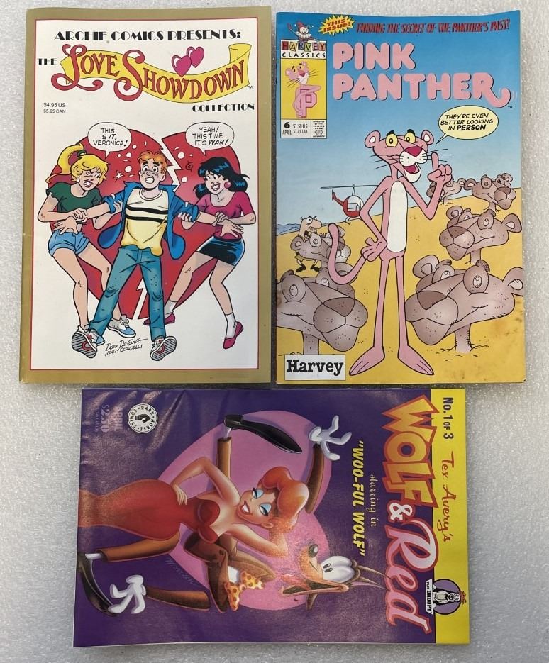 Three comics, Archie, Pink Panther and Wolf & Red