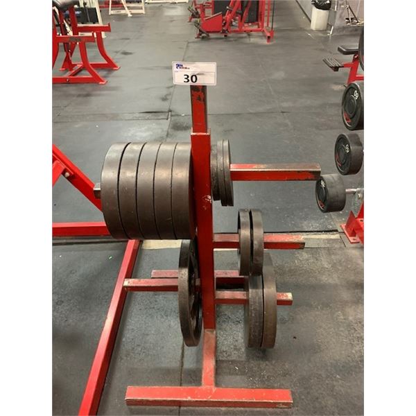 COMMERCIAL FREE WEIGHT 5 SLOT PLATE RACK WITH 8 ASSORTED PLATES