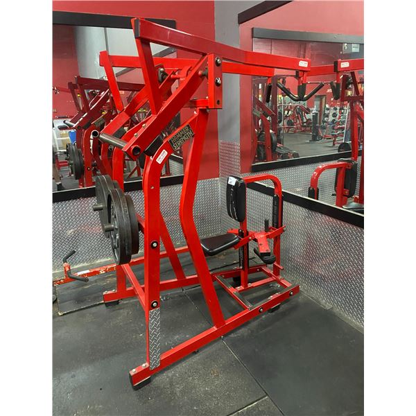 HAMMER STRENGTH COMMERCIAL FREE WEIGHT HIGH ROW MACHINE WITH 4 - 45LBS PLATES AND 2 - 35LBS PLATES