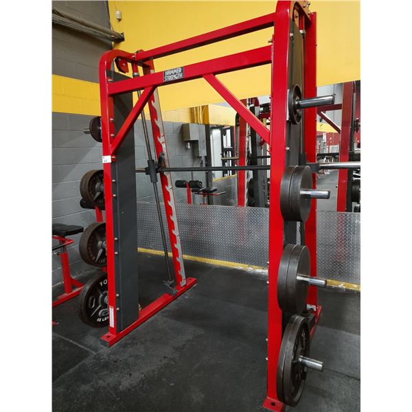 HAMMER STRENGTH COMMERCIAL FREE WEIGHT GUIDED SQUAT RACK WITH 14 ASSORTED WEIGHTED PLATES AND BAR...