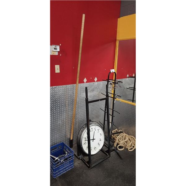 LOT OF ASSORTED GYM RACK AND ACCESSORIES INCLUDING ROPE, CABLE ATTACHMENTS, MEDICINE BALL RACK, S...