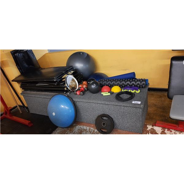 LOT OF ASSORTED COMMERCIAL GYM ACCESSORIES INCLUDING PADDED MATS, DUMBBELLS, MEDICINE BALL, ROLLE...