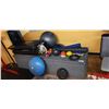 Image 1 : LOT OF ASSORTED COMMERCIAL GYM ACCESSORIES INCLUDING PADDED MATS, DUMBBELLS, MEDICINE BALL, ROLLE...