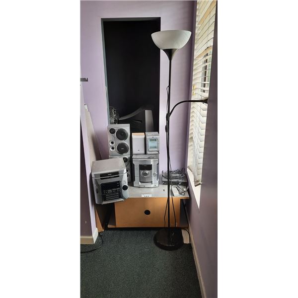 GYM CORNER INCLUDING STEREO SYSTEM, ANTIQUE TELEVISION, CIRCULATION FAN, LAMP AND SMALL MEDIA STAND