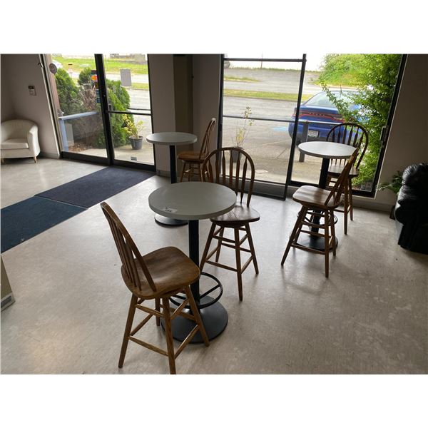 CONTENTS OF FRONT ENTRANCE INCLUDING 3 HIGH TABLES, 5 BAR HEIGHT WOOD MID BACK STOOLS, WHITE FABR...