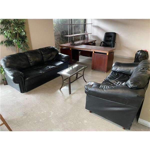 BLACK LEATHER STYLE LOVE SEAT, BLACK LEATHER STYLE 3 PERSON COUCH, GLASS COFFEE TABLE, 2 FAKE PLA...