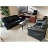 Image 1 : BLACK LEATHER STYLE LOVE SEAT, BLACK LEATHER STYLE 3 PERSON COUCH, GLASS COFFEE TABLE, 2 FAKE PLA...