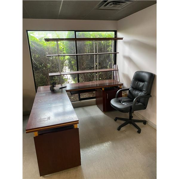 CHERRY WOOD L-SHAPED CORNER DESK WITH 2 DRAWER CABINET, SINGLE DOOR CABINET, 2 TIER ILLUMINATED S...