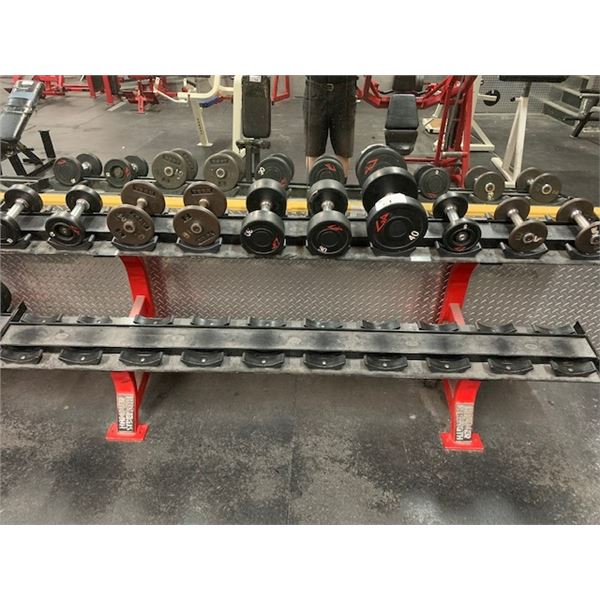 HAMMER STRENGTH COMMERCIAL 20 SLOT DUMBBELL RACK WITH 10 ASSORTED DUMBBELLS