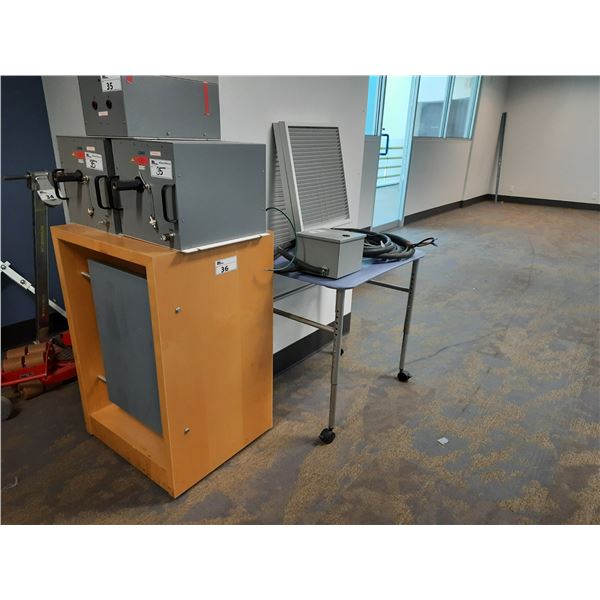 HEAVY DUTY POWER CABLE, TRANSFORMER BOX AND WOOD PEDESTAL DISPLAY