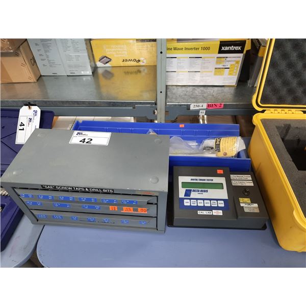 DELTA REGIS DIGITAL TORQUE TESTER, BLUE PARTS BIN WITH ASSORTED HARDWARE, MANUALS AND