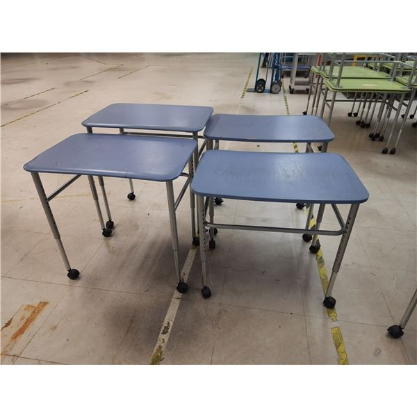 4 - BLUE 4 WHEEL MOBILE ADJUSTABLE HEIGHT PERSONAL WORK TABLES