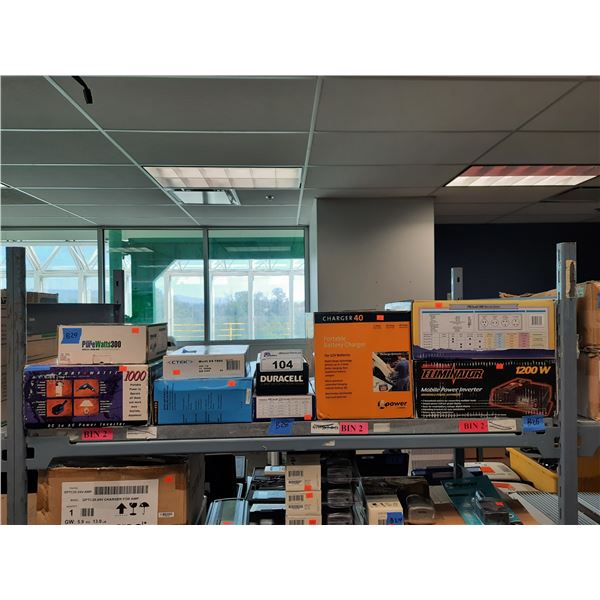 SHELF OF ASSORTED POWER INVERTERS AND CHARGERS