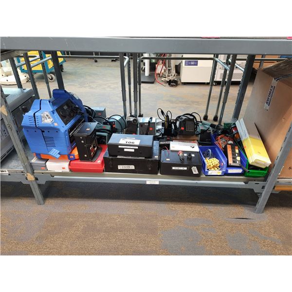 SHELF OF ASSORTED SOLDERING IRON, POWER SUPPLIES, SWITCHES AND CALIBRATORS
