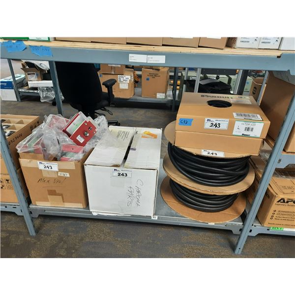 SHELF OF ASSORTED MOUNTING BRACKETS, CORRUGATED PLASTIC TUBING AND HVR ADVANCED POWER COMPONENTS