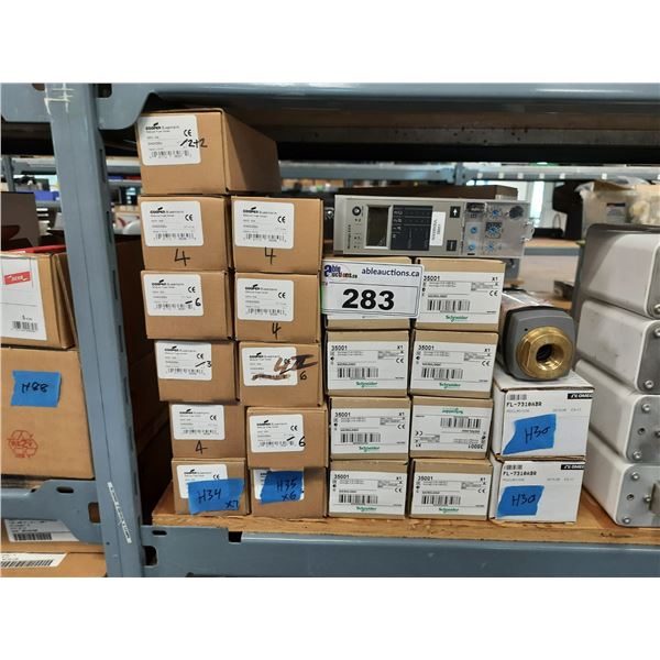 LOT OF ASSORTED ELECTRICAL COMPONENTS INCLUDING FUSES, MODULE FUSE HOLDERS, AND MICROLOGIC UNITS