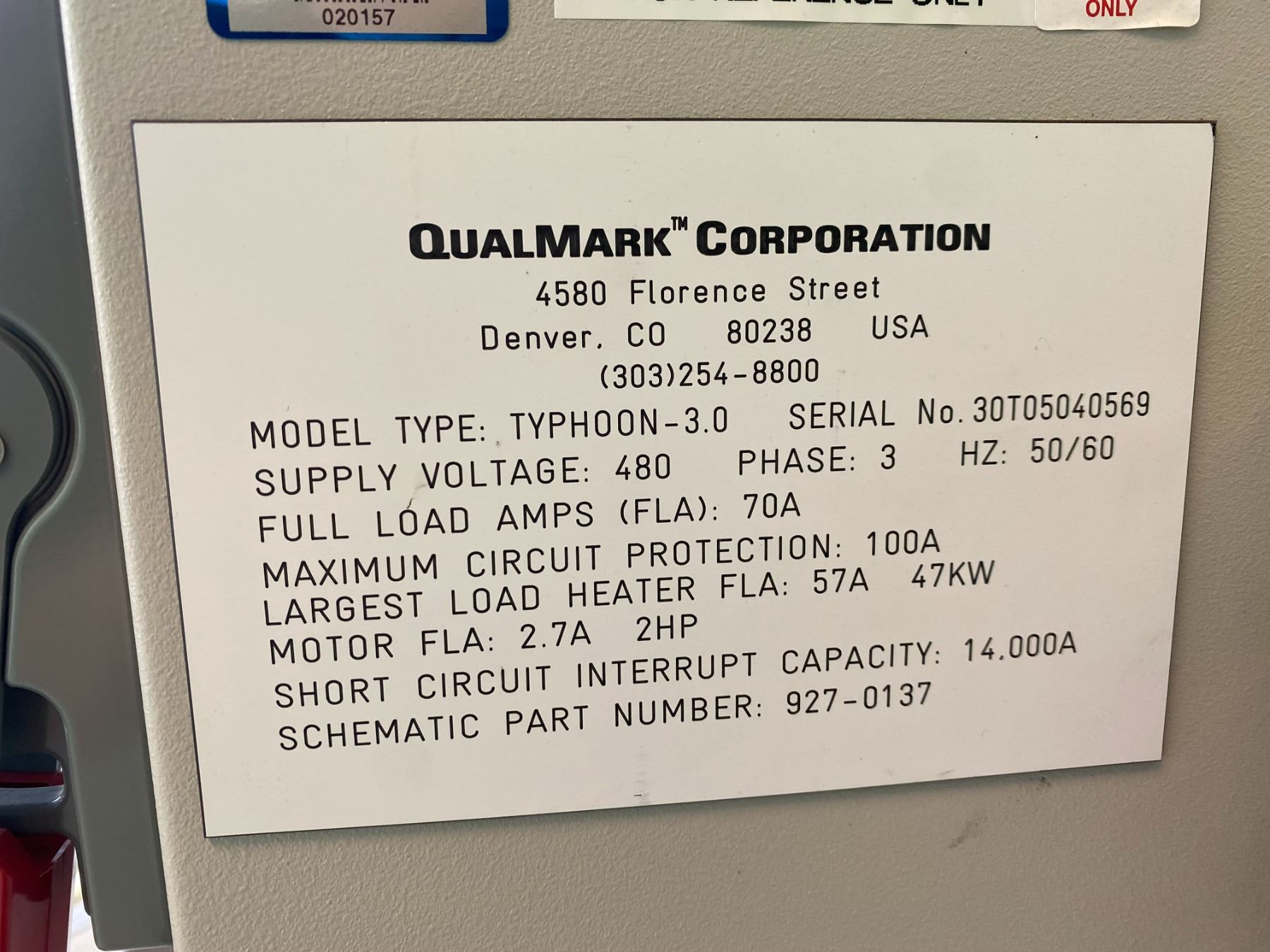 ** QUALMARK MODEL TYPHOON 3.0, 480V 3PHASE, STATIC PHASE CONVERTER