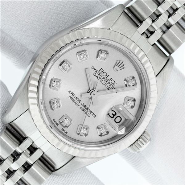 Rolex Ladies Stainless Steel Silver Diamond Datejust Wristwatch