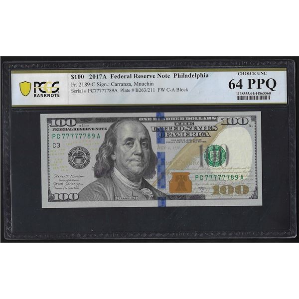 2017A $100 Federal Reserve Bank Note PCGS Choice Uncirculated 64PPQ Fancy Serial