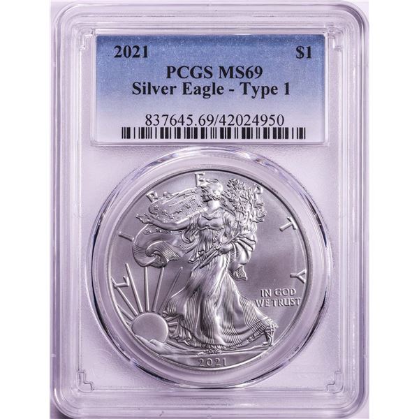 2021 Type 1 $1 American Silver Eagle Coin PCGS MS69