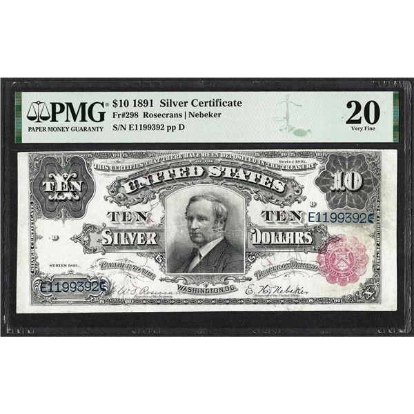 1891 $10 Tombstone Silver Certificate Note Fr.298 PMG Very Fine 20