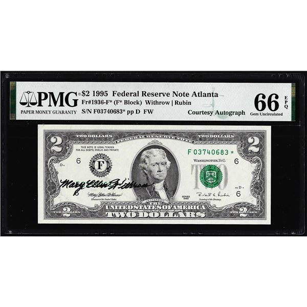 1995 $2 Federal Reserve Star Note Atlanta Courtesy Auto PMG Gem Uncirculated 66EPQ