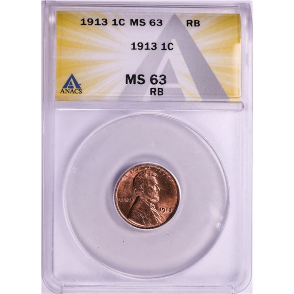 1913 Lincoln Wheat Cent Coin ANACS MS63 RB