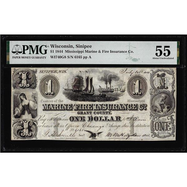 1844 $1 Marine & Fire Insurance Sinipee, WI Obsolete Note PMG About Uncirculated 55