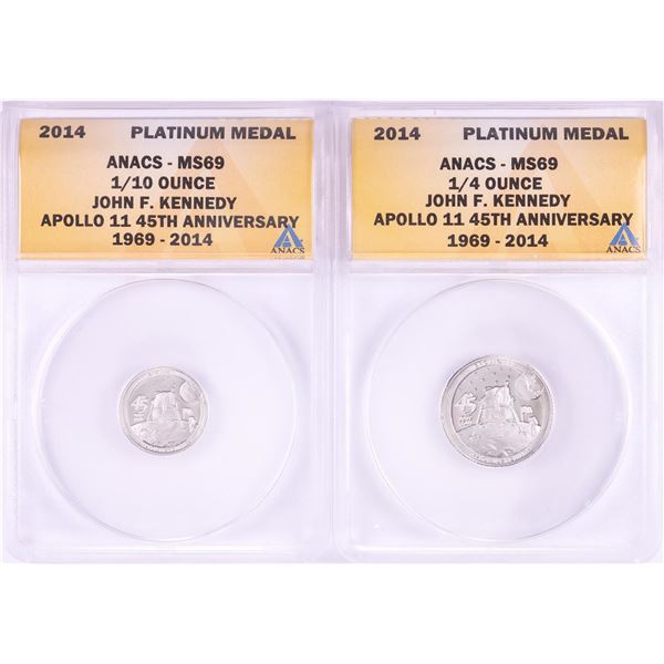 Set of 2014 Proof 1/10 & 1/4 oz Platinum JFK Apollo 11 Anniversary Medals ANACS MS69
